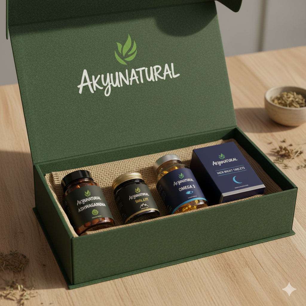 AkyuNatural 4-in-1 Wellness Pack – Ashwagandha, Omega 3, Shilajit, Men Night Tablet